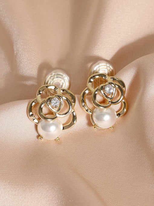 14k Gold [ ear clip] Brass Imitation Pearl Flower Minimalist Clip Earring